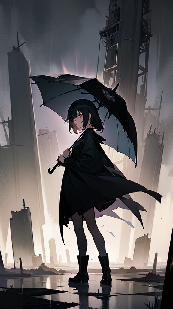 a girl, medium length hair, wearing neckless, wearing dark color gothic dress with separated sleeves, wearing boots, holding an umbrella, standing in a dead city with ghosts in background