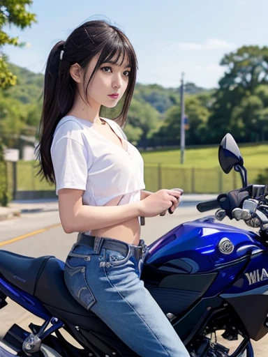 Japanese female, a lot of details, (underweight), detailed black hair, beautiful detailed hair, super fucking beautiful, delicate beautiful face, complex details beautiful and delicate eyes, perfect hands, (flat chest best quality:1.5), perfect and delicate limbs, detailed skin, best quality, ultra-detailed,(street), (YAMAHA motorcycle:1.3), (riding YAMAHA motorcycle:1.6), (blue trunk neck tee), (white jeans), full body shot:1.4, from front, ground-level shot