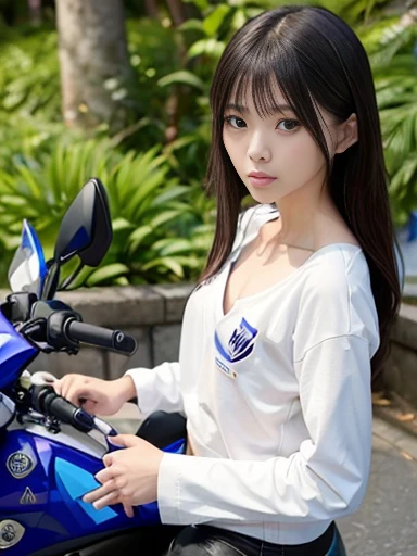 Japanese female, a lot of details, (underweight), detailed black hair, beautiful detailed hair, super fucking beautiful, delicate beautiful face, complex details beautiful and delicate eyes, perfect hands, (flat chest best quality:1.5), perfect and delicate limbs, detailed skin, best quality, ultra-detailed,(street), (YAMAHA motorcycle:1.3), (riding YAMAHA motorcycle:1.6), (blue trunk neck tee), (white jeans), full body shot:1.4, from front, ground-level shot