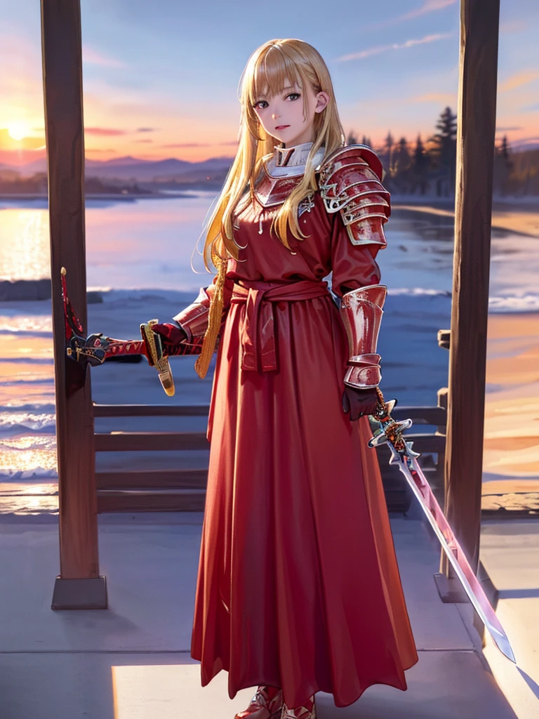 (Highest quality、8k、32K、masterpiece)、(Realistic)、(Realistic:1.2)、(High resolution)、Very detailed、とても美Funny faceと目、(((Women's Solo Shot)))、Tight waist、(Highest quality、Attention to detail、Rich skin detail)、(Highest quality、8k、Oil paints:1.2)、(Realistic、Realistic:1.37)、Bright colors、(((Full Body Shot)))、(((Blonde Hair)))、(((Long Hair)))、(((He has a good looking face.)))、((Rin々Funny face))、(((Sunset sky)))、(((I have a sword)))、(((Standing in the wilderness)))、(((Wearing red armor)))、(((Holding his sword high)))、