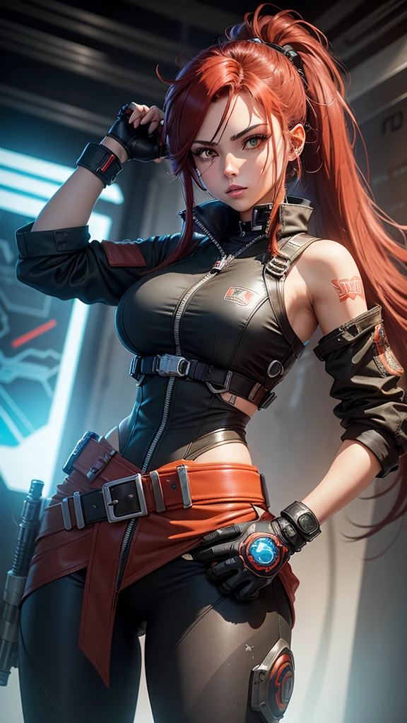 a woman in a mechanic girl costume, a mech arena video game character, the beautiful and tomboyish Neev, with green long hair in a 2-sided ponytail, Neev from Mech Arena, the junker queen of Mech Arena, holding a large red adjustable wrench in her right hand, a mechanical girl, a legendary pilot character from the mech arena game, a mech arena pilot character, red and black mechanical punk clothes, on her right waist there is a red futuristic oni type and on her left waist there is a blue futuristic oni mask, standing upright with her left hand on her waist.His right hand holds a large red adjustable wrench which is placed on his shoulder