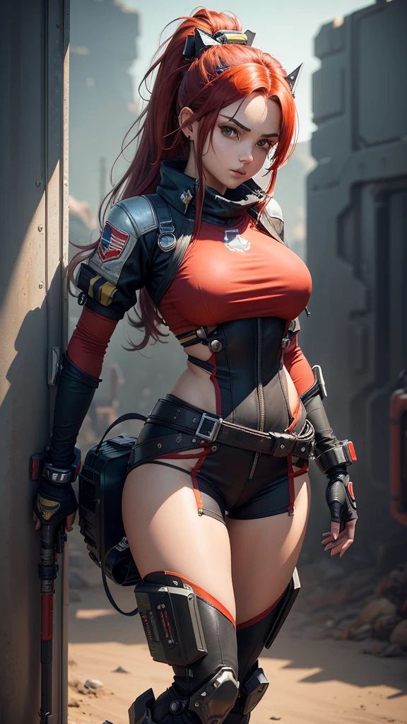 a woman in a mechanic girl costume, a mech arena video game character, the beautiful and tomboyish Neev, with green long hair in a 2-sided ponytail, Neev from Mech Arena, the junker queen of Mech Arena, holding a large red adjustable wrench in her right hand, a mechanical girl, a legendary pilot character from the mech arena game, a mech arena pilot character, red and black mechanical punk clothes, on her right waist there is a red futuristic oni type and on her left waist there is a blue futuristic oni mask, standing upright with her left hand on her waist.His right hand holds a large red adjustable wrench which is placed on his shoulder