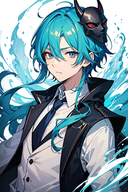 an anime boy drawing, by Shitao, pixiv contest winner, serial art,a person with blue hair and horns,use white shirt and tie,also wears a black mask with square eyeballs