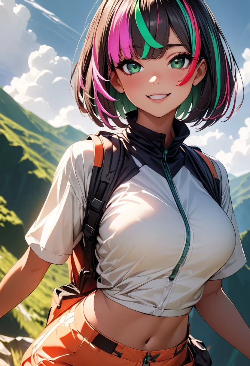 (highest quality:1.2, Very detailed, up to date, Vibrant, Ultra-high resolution, High Contrast, masterpiece:1.2, highest quality, Best aesthetics), Portraiture、girl、solo, (25-years-old:1), slim, heterrochromia, green eye, red eye, happy, (hiking in the summer green mountains:1), (trekking wear and hiking shoes:1.5), Bright colors、Beautiful fine details、Beautiful lip detail、extra short hair, ((bob cut:1.5))、pink and purple, ((streaked hair:1.9)), (highlights hair: 1.6), (medium breast:0.7), (tan skin:0.5), full body