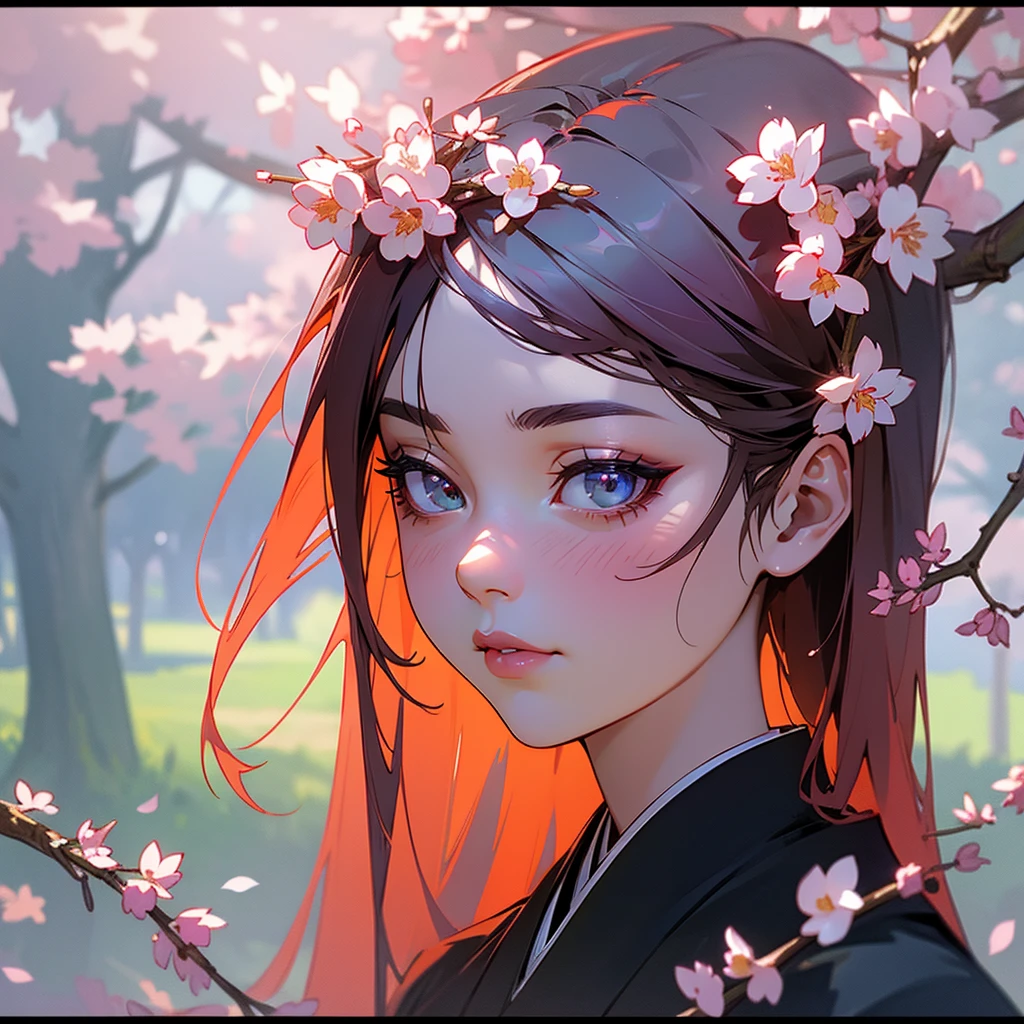 intricate detailed demon slayer anime style, 1 girl, beautiful detailed eyes, beautiful detailed lips, extremely detailed face and features, long eyelashes, flowing hair, detailed kimono, katana, cherry blossom trees, Japanese garden, (best quality,4k,8k,highres,masterpiece:1.2),ultra-detailed,(realistic,photorealistic,photo-realistic:1.37),vibrant colors, dramatic lighting, cinematic composition