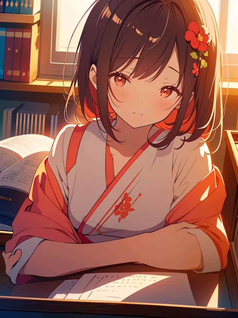 kawaii, anime, Cute, hyper quality, highly detailed, 8k, Clarity, Draw facial expressions in detail, dark brown long hair girl, girl with bright pink short hair, sleeping with eyes closed, red geranium, peaceful sleeping face, nap in the library, lean on your shoulder, library in the evening, red geranium flower pot, The setting sun shines through, soft air, Calm time, Dust dances and reflects diffusely, sitting, Netherlands, Europe, red geranium, sit and shoulder to shoulder,