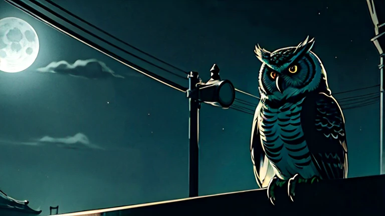都会のmidnight、A creepy owl perched on a streetlight、Only the eyes of an owl and the moonlight、Deep darkness spreads、Darker、midnight、