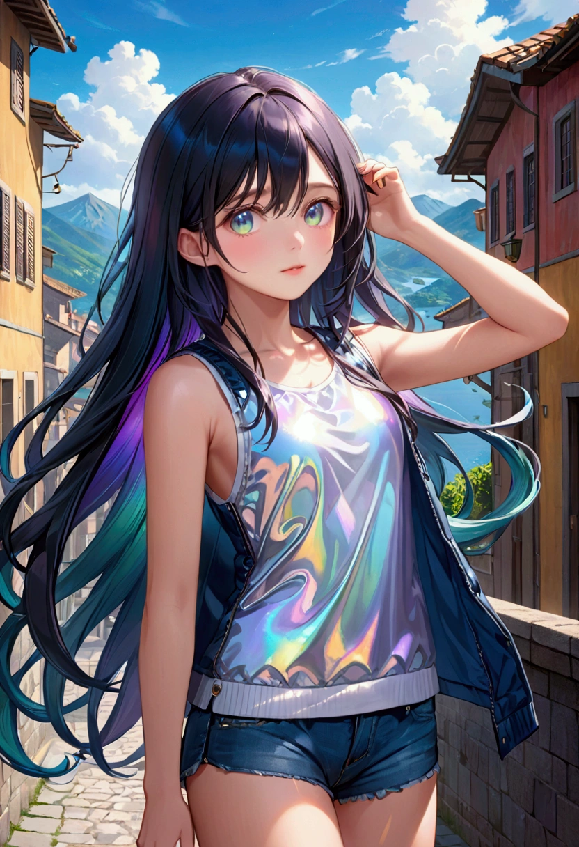 Long dark iridescent hair, iridescent eyes, perfect body, 18 years old, casual wear, vest quality, high resolution, 8k