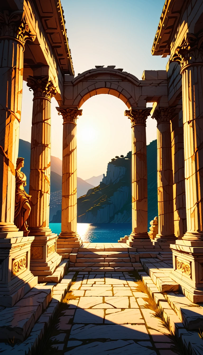 a detailed ancient greek temple with greek columns, ancient greek gods statues, ancient greek fire, ancient greek island landscape, 8k, ultra-detailed, hyperrealistic, intricate, dramatic lighting, dramatic shadows, warm color tones, cinematic, photorealistic, masterpiece, ornate details, exquisite textures, epic scale, grandiose, imposing, mesmerizing, awe-inspiring, stunning, breathtaking, mhk_comics