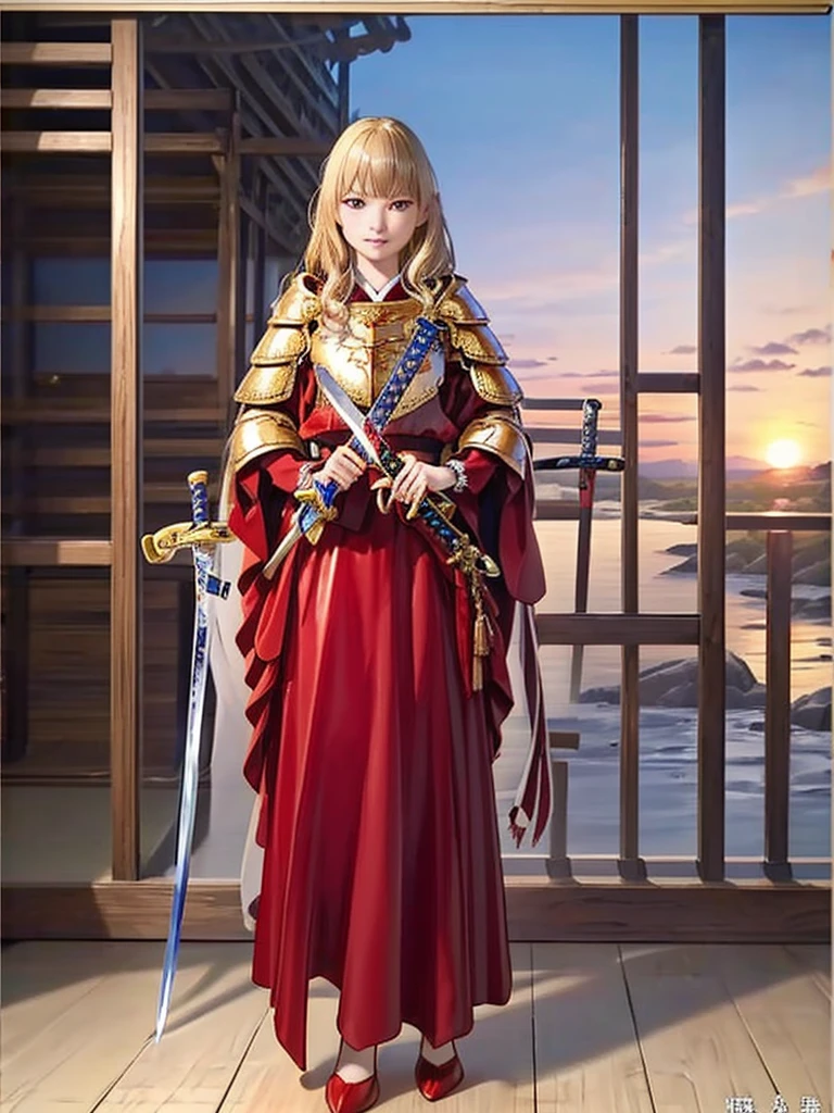(Highest quality、8k、32K、masterpiece)、(Realistic)、(Realistic:1.2)、(High resolution)、Very detailed、とても美Funny faceと目、(((Women's Solo Shot)))、Tight waist、(Highest quality、Attention to detail、Rich skin detail)、(Highest quality、8k、Oil paints:1.2)、(Realistic、Realistic:1.37)、Bright colors、(((Full Body Shot)))、(((Blonde Hair)))、(((Long Hair)))、(((He has a good looking face.)))、((Rin々Funny face))、(((Sunset sky)))、(((I have a sword)))、(((Standing in the wilderness)))、(((Wearing red armor)))、(((Holding his sword high)))、