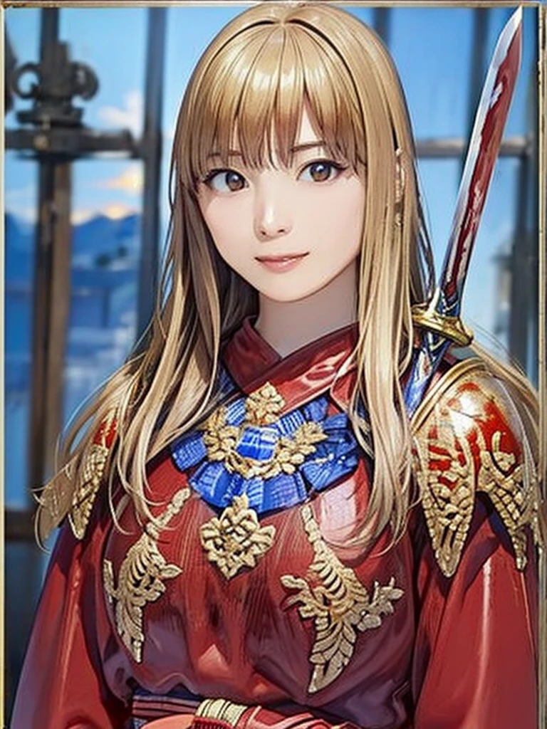 (Highest quality、8k、32K、masterpiece)、(Realistic)、(Realistic:1.2)、(High resolution)、Very detailed、とても美Funny faceと目、(((Women's Solo Shot)))、Tight waist、(Highest quality、Attention to detail、Rich skin detail)、(Highest quality、8k、Oil paints:1.2)、(Realistic、Realistic:1.37)、Bright colors、(((Full Body Shot)))、(((Blonde Hair)))、(((Long Hair)))、(((He has a good looking face.)))、((Rin々Funny face))、(((Sunset sky)))、(((I have a sword)))、(((Standing in the wilderness)))、(((Wearing red armor)))、(((Holding his sword high)))、