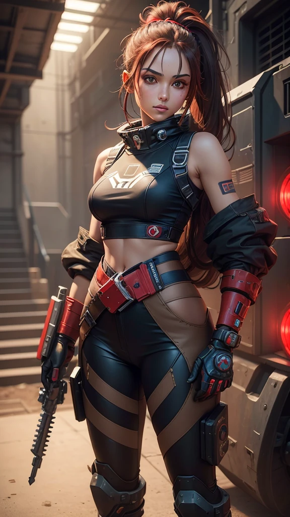 a woman in a mechanic girl costume, a mech arena video game character, the beautiful and tomboyish Neev, she have a green long hair in a 2-sided ponytail, Neev from Mech Arena, the junker queen of Mech Arena, holding a large red adjustable wrench in her right hand, a mechanical girl, a legendary pilot character from the mech arena game, a mech arena pilot character, red and black mechanical punk clothes, on her right waist there is a red futuristic oni type and on her left waist there is a blue futuristic oni mask, standing upright with her left hand on her waist.His right hand holds a large red adjustable wrench which is placed on his shoulder