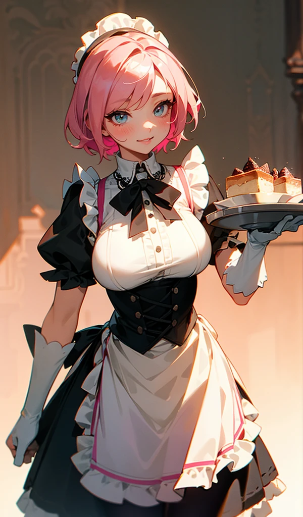 Please follow the all prompts below exactly and faithfully, masterpiece, Maximize highest quality:1.5, maximize highest beautiful anime style digital illustrations:1.5, maximum resolution, UHD, 16K, 1080p, ultra highest clear details, smooth, soft and clearly and beautiful skin texture and hair texture:1.5, highest beautiful detailed eyes texture:1.5, Amazing dynamic movement:1.5, Beautiful backgrounds with depth of field, Most beautiful natural light, Rule of thirds, Maximize every effect and present it in the ultimate quality, 1slut, sexy, Cool beauty, 25years old, beautiful face sharp, elegant mature woman, Ultimate perfect body style, beautiful beautiful big breasts, Maximize upturned breasts, beautiful green eyes, shiny light pink hair, short hair, Shag cut, (eyes visible through hair:1.3), glossy very thick lips, pink lipstick, Obscene smile:1.5, A waitress in a fascinating and unique attire, an ornate apron dress with lace and frills in lavender, a V-neckline with lace trim, fitted bodice with decorative buttons, puffed sleeves with lace hems, a layered mini skirt with ruffles and lace accents, knee-high socks with lace edges in white, holding a tray with a variety of desserts, dynamic stance, background of a bustling café with patrons,