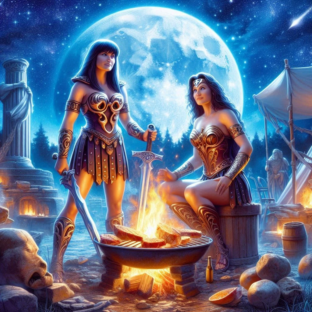 Xena the Warrio Princess and Diana Prince the Winder Woman, are grilling barbecue, detailed face