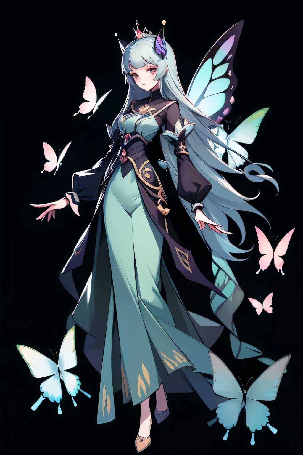 (1 Anthropomorphism of butterflies), (Standing full body), (Full body standing), 1 Princess，(Standing full body)，Solitary, Long skirt，role conception, peculiar, masterpiece，Top quantity，Best quality，Ultra-high resolution，Exquisite facial features