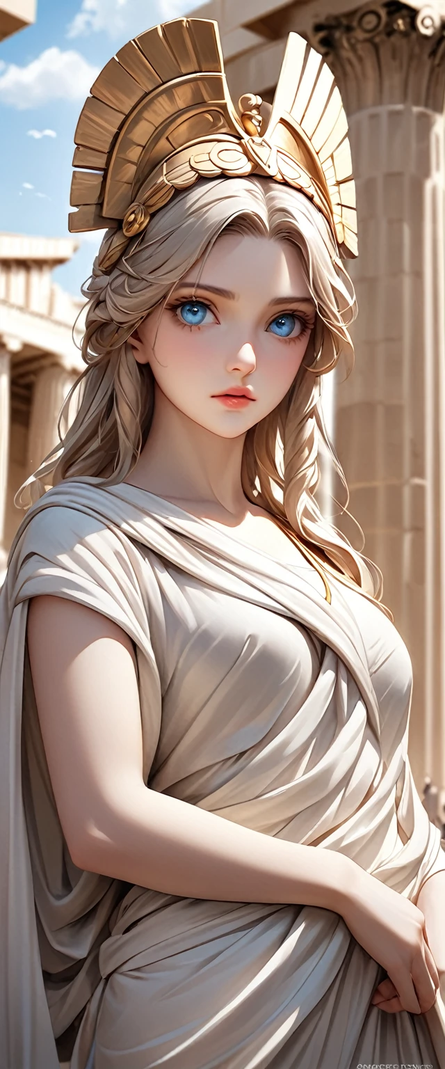 Statue of Goddess Athena.Parthenon on the Acropolis in Athens.Ancient Greek art, with its high artistic attainments and aesthetic pursuits,Become a model of Western classical art,The influence continues to this day。(best quality:1.2), (High resolution:1.2), (beautiful face and eyes:1.2), (sharpest focus:1.2), (Hyper-realistic photos:1.2), (Super accurate photos:1.2), (Depth of Field:1.2), (perfect anatomy:1.2),