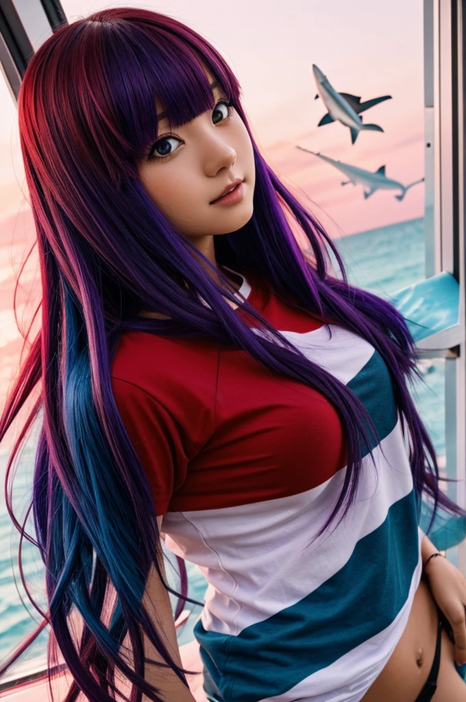 Anime girl with red tones, crimson red mixed with purple and blue, has a shark&#39;s tail, has human legs like the tail comes out of her ass, and is a woman with short hair, wearing a stylish shirt that looks good.
