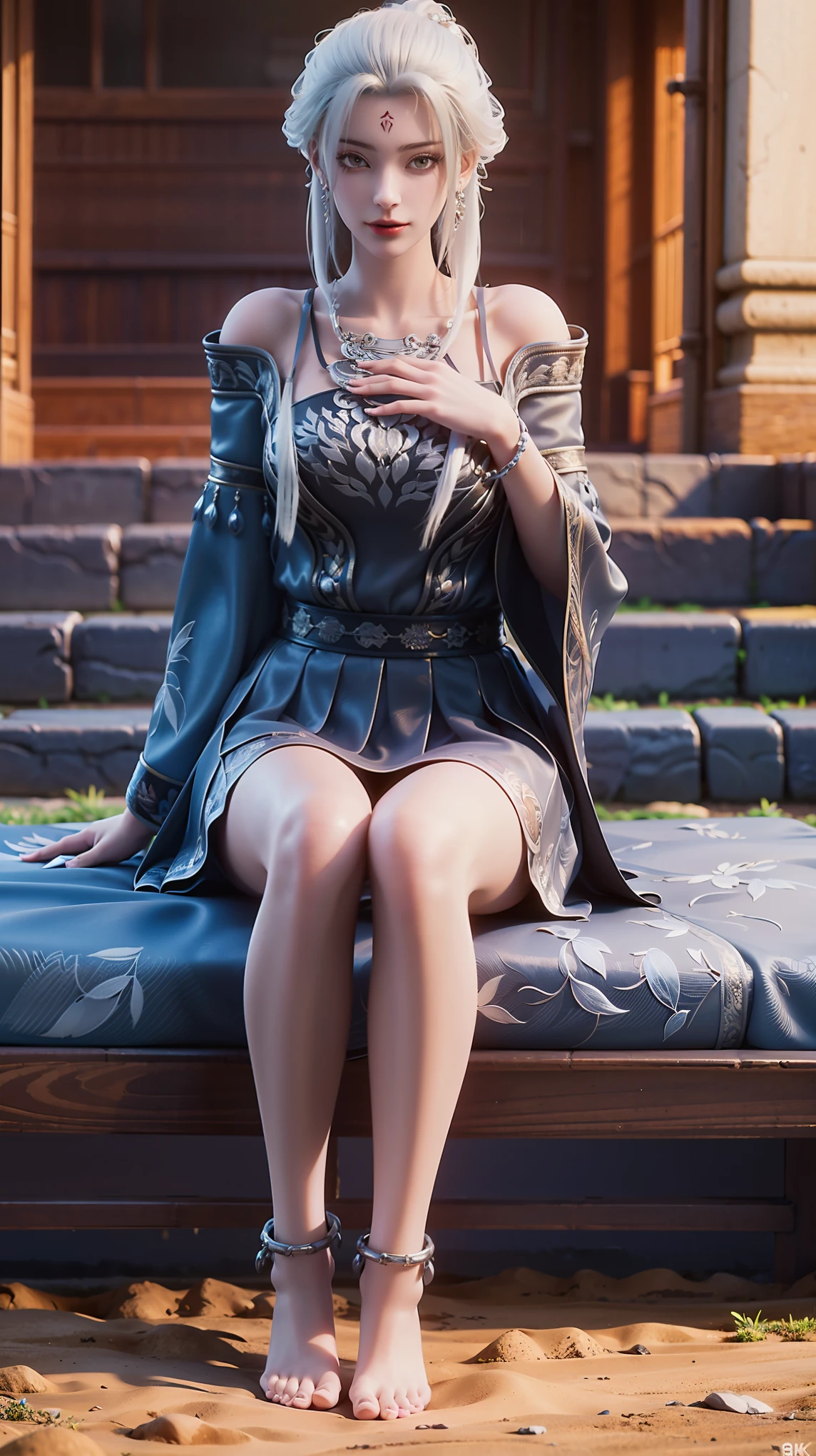 A mature beautiful woman in a lace dress, (school uniform dress), kneeling on a bed with shackles, (beheaded), normal pose, (kneeling), barefoot, white thigh-high socks, rich vivid colors, masterpiece, ultimate solution, fluffy, (best quality, 8k, hyper-detailed, photorealistic:1.37), highly detailed portrait