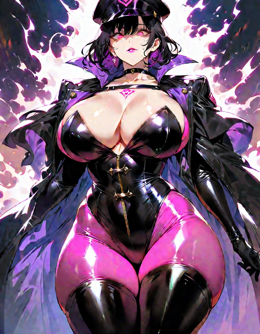 Mature beautiful woman,(Highest quality,Extremely detailed depiction,Incredibly absurd high resolution,Anatomically accurate depiction,Curvy Legs),(Glowing Skin,Shiny skin,Oilskin),(Female Leader of an Evil Organization),(Sexy latex military costume,Latex corset,military hat,military cloak,Villain Mask,Leather thigh highs,Long gloves,Leather Choker,Luxury accessories,tights),eyelash,Flashy makeup,eye shadow,eyeliner,mascara,(Glowing pink eyes,Crazy Eyes,Eyes half closed:1.5,Detailed pupil,There is cleavage in the chest,Sulky look,Large Breasts,Glossy lipstick,Shadowed face,An attitude of looking down on others),whole body