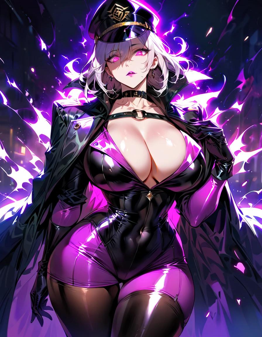 Mature beautiful woman,(Highest quality,Extremely detailed depiction,Incredibly absurd high resolution,Anatomically accurate depiction,Curvy Legs),(Glowing Skin,Shiny skin,Oilskin),(Female Leader of an Evil Organization),(Sexy latex military costume,Latex corset,military hat,military cloak,Villain Mask,Leather thigh highs,Long gloves,Leather Choker,Luxury accessories,tights),eyelash,Flashy makeup,eye shadow,eyeliner,mascara,(Glowing pink eyes,Crazy Eyes,Eyes half closed:1.5,Detailed pupil,There is cleavage in the chest,Sulky look,Large Breasts,Glossy lipstick,Shadowed face,An attitude of looking down on others),whole body