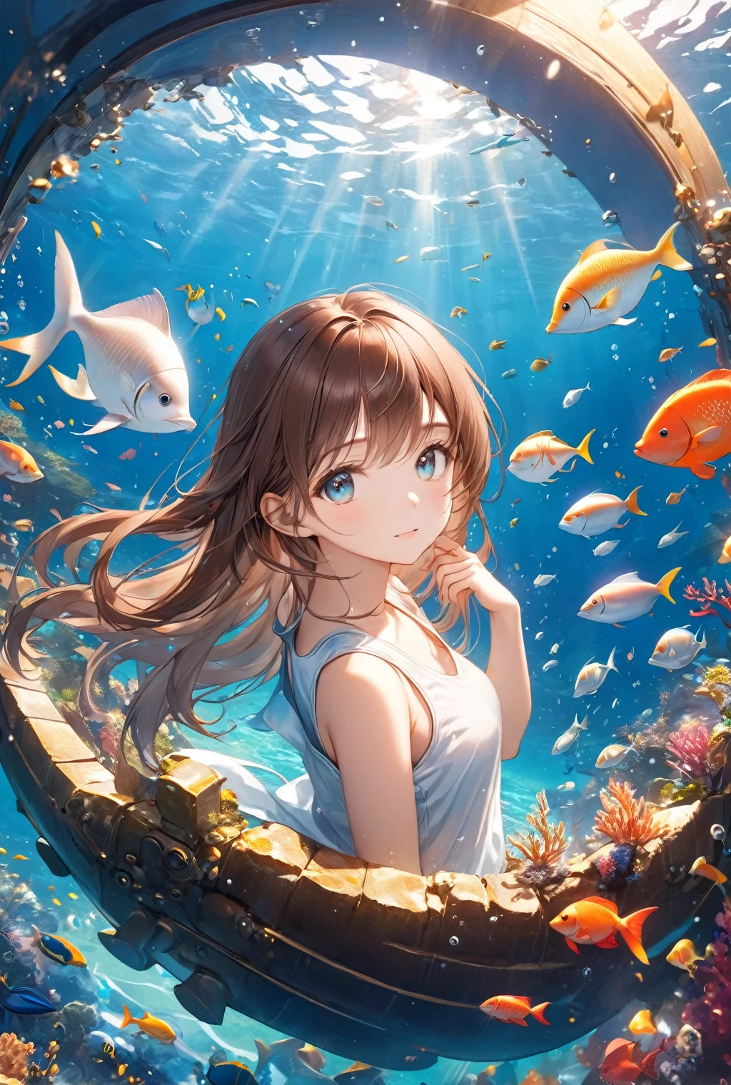 (Highest quality, 8k, 32K, masterpiece, Ultra-high resolution,:1.2),born, One girl,Super cute , Ocean-like fantasy background, Clear, shining eyes, Age 25 ,Fair skin, Brown Haired Girl, Tank top, Long Hair