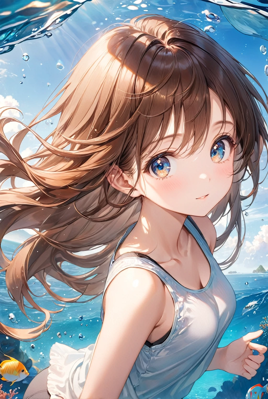 (Highest quality, 8k, 32K, masterpiece, Ultra-high resolution,:1.2),born, One girl,Super cute , Ocean-like fantasy background, Clear, shining eyes, Age 25 ,Fair skin, Brown Haired Girl, Tank top, Long Hair