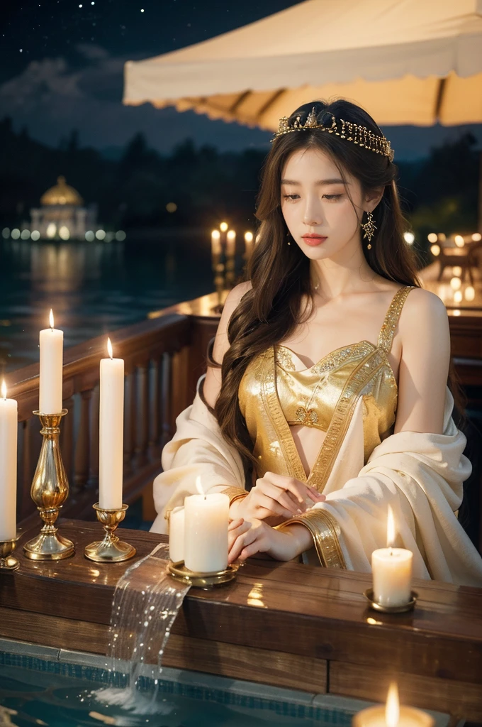 (((best quality))),(((ultra detailed))),(((masterpiece))),illustration,1girl,ancient greek princess,luxurious pool,grand temple,starry night sky,summer,beautiful,radiant complexion,flowing golden hair,graceful,intricate patterns,embellishments,shimmering fabric,rainbow colors,gentle waves,fragrant oils,lush plants,elegant columns,serene ambiance,attendants,ritual of cleansing,opulence,tranquility,solitude,busy life,timeless,enchanting image,essence of ancient greece