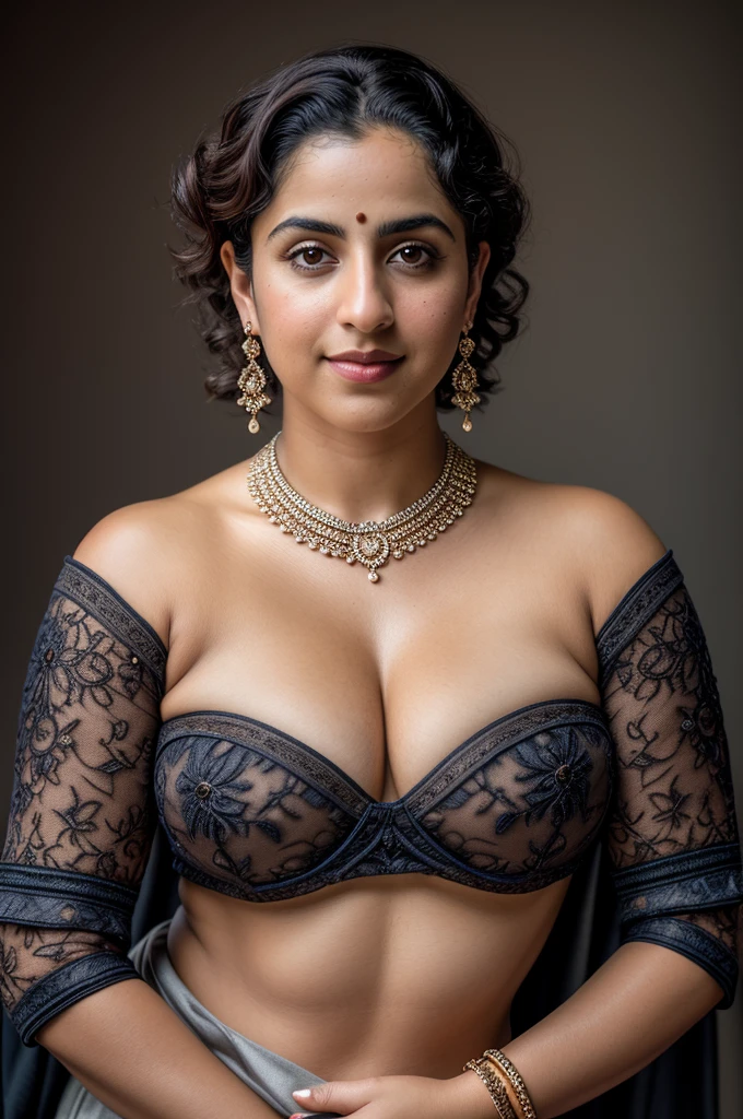 Looks like Sanya Malhotra, a photo portrait of a beautiful girl 40 years old Woman, curvy hot mommy figure, fleshy figure, feminine curve, with curls, styled black hair, (face portrait:1.5), dramatic light, Rembrandt lighting scheme, bust shot, linen tank top , top quality editorial photograph, skin texture, skin pores, chocolate skin, high quality skin, top quality photography, professional photography, professional retouching, insane detailing, warm moody tones, modern clothes, highly detailed armpits,