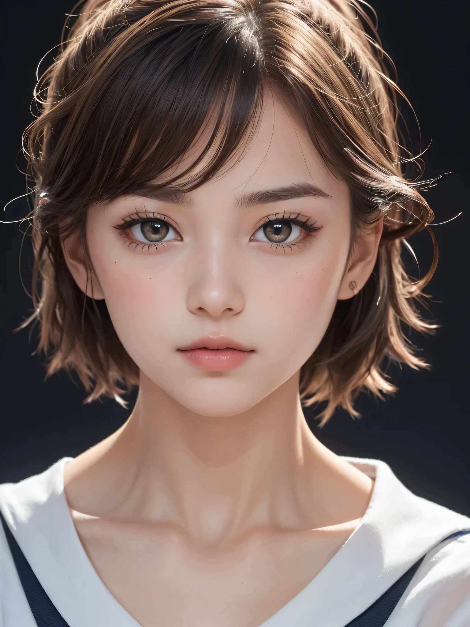 One Girl,(1人のとてもcute女の子:1.3),masterpiece,Highest quality,High resolution,From below,Low - Angle,Photorealistic,RAW Photos,Ray Tracing,beautiful girl,(15 years old:1.3),cute,Big eyes,(detailed pupils:1.2),(The face is facing forward:1.3),Cute nose,Beautiful nose,Upturned nose,Fuller lips,Short brown hair,ponytail,short hair,Detailed eyelashes,Thin eyebrows,Very fine grain definition,(Symmetrical eyes:1.3),(Face close-up,Face Focus:1.0),Small breasts,Short neck,Sailor suit,People emerge,Dark Background,Portrait,View Viewer,Upper Body,Cinema Lighting,Soft Light,Very detailed