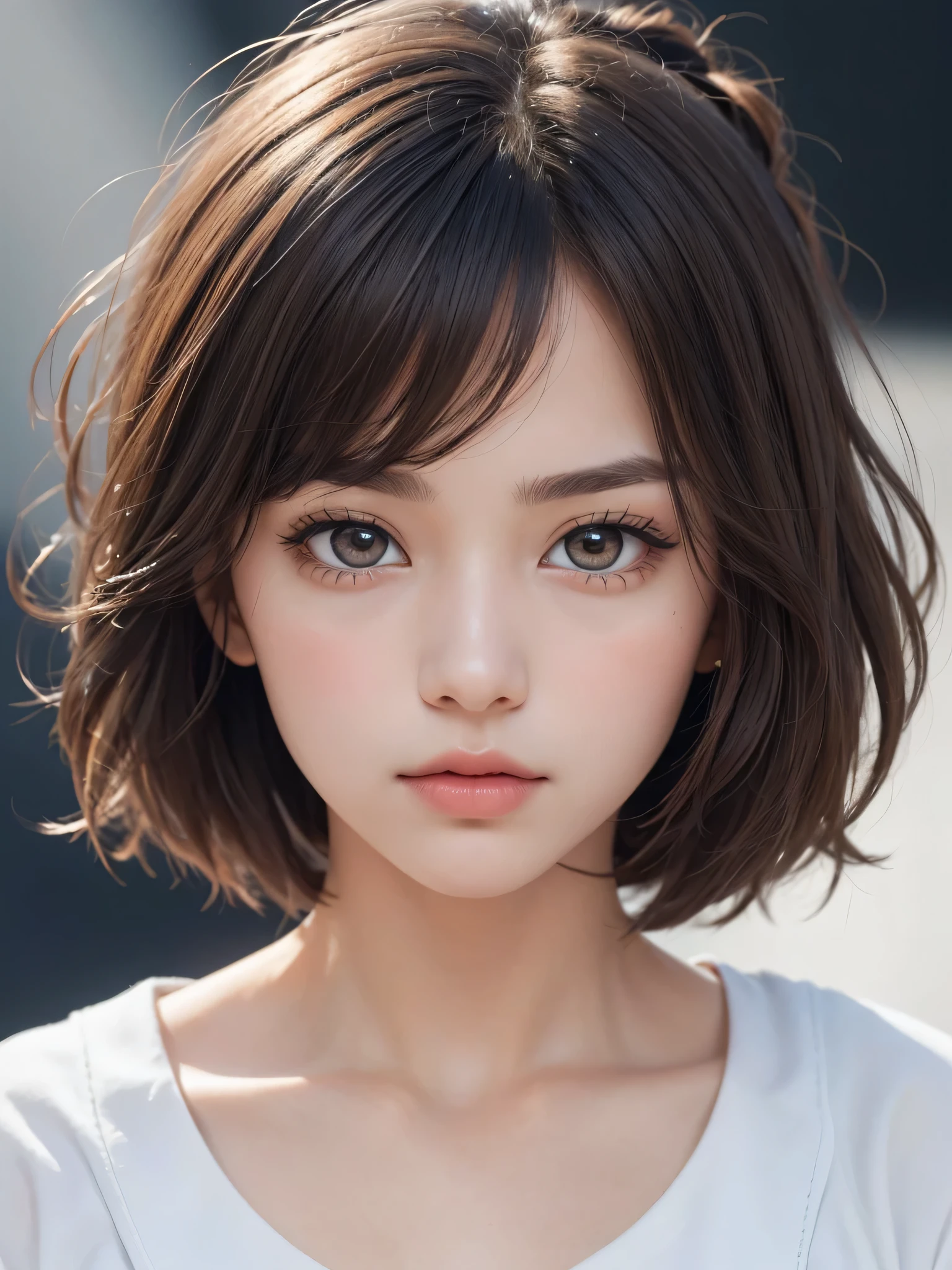 One Girl，(1人のとてもcute女の子:1.3)，masterpiece，Highest quality，High resolution，From below，Low - Angle，Photorealistic，RAW Photos，Ray Tracing，beautiful girl，(15 years old:1.3)，cute，Big eyes，(detailed pupils:1.2)，(The face is facing forward:1.3)，Cute nose，Beautiful nose，Upturned nose，Fuller lips，Short brown hair，ponytail，short hair，Detailed eyelashes，Thin eyebrows，Very fine grain definition，(Symmetrical eyes:1.3)，(Face close-up，Face Focus:1.0)，Small breasts，Short neck，Sailor suit，People emerge，Dark Background，Portrait，View Viewer，Upper Body，Cinema Lighting，Soft Light，Very detailed