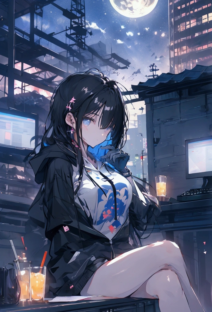 Using a laptop、Beautiful Face、Beautiful legs、Black Hair、On the roof、full moon,neon.hoodie,Sitting、IT Engineer、Building district、Landscape、rooftop