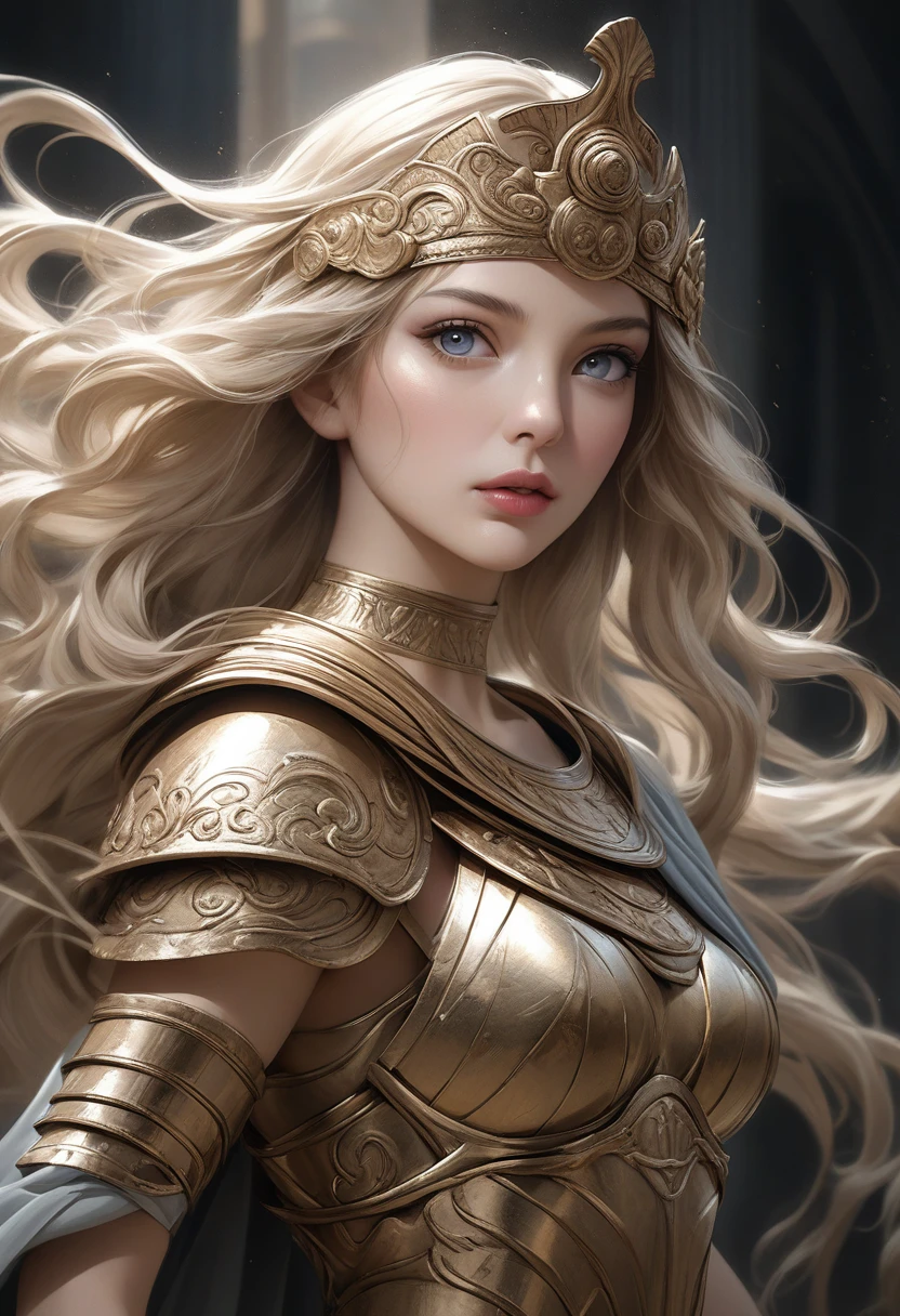 Athena by Giustiniani from ancient greek art, digital art, 2D, highly detailed face, detailed eyes, long eyelashes, beautiful lip detail, highly detailed face and features, decorative armor, flowing hair, dynamic pose, dramatic lighting, muted color palette, digital painting, concept art, (highest quality, 4k, 8k, high resolution, masterpiece: 1.2), highly detailed, (realistic, photo-realistic, photo-realistic: 1.37)