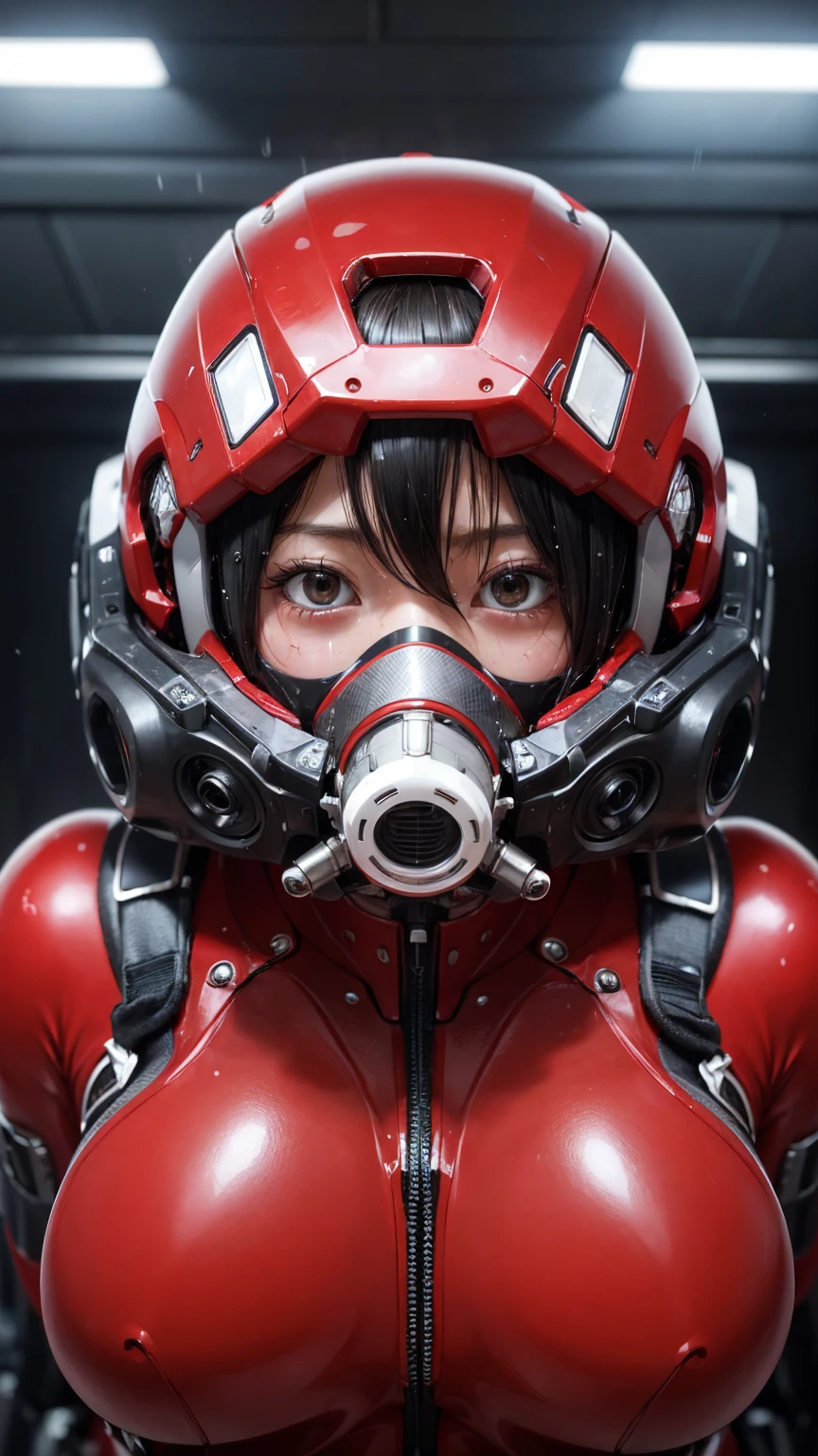 Highest quality 8k Red Robot Suit Girl Japanese middle-aged woman Sweaty face cute short hair boyish Steam coming out of my head My hair is wet with sweat The feel of black hair Full body portrait My upper body is soaked Airtight headgear I can see the vagina Lying in bed futuristic gas mask Steam from the body