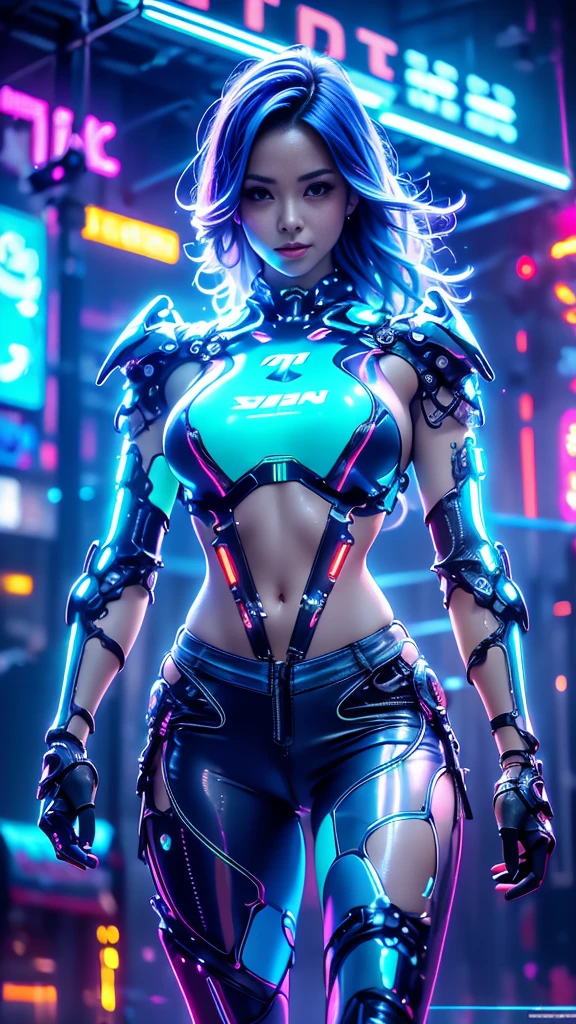 bikini of Girl in a swimsuit，dress up sexy，future  technical wear ，Mechanical prosthesiechanical skeleton，  natta， Abandoned cyberpunk city， Neon Billboard， Better image quality， Maximum clarity and clarity， Ultra-realistic realism， high detal， Afophialism，contrasts of light and shadow， cinematic lighting， Ray Tracing， reflective light， denim lens， F/4.0 ,big with blue hair,Neon light , Retro-futuristic mechanic suit ,muscle woman ,Wings,Hair illuminated by blue light neon,Featured big breasts, orange neon suit, Swin Suit , sexy Bikini, Big Tits