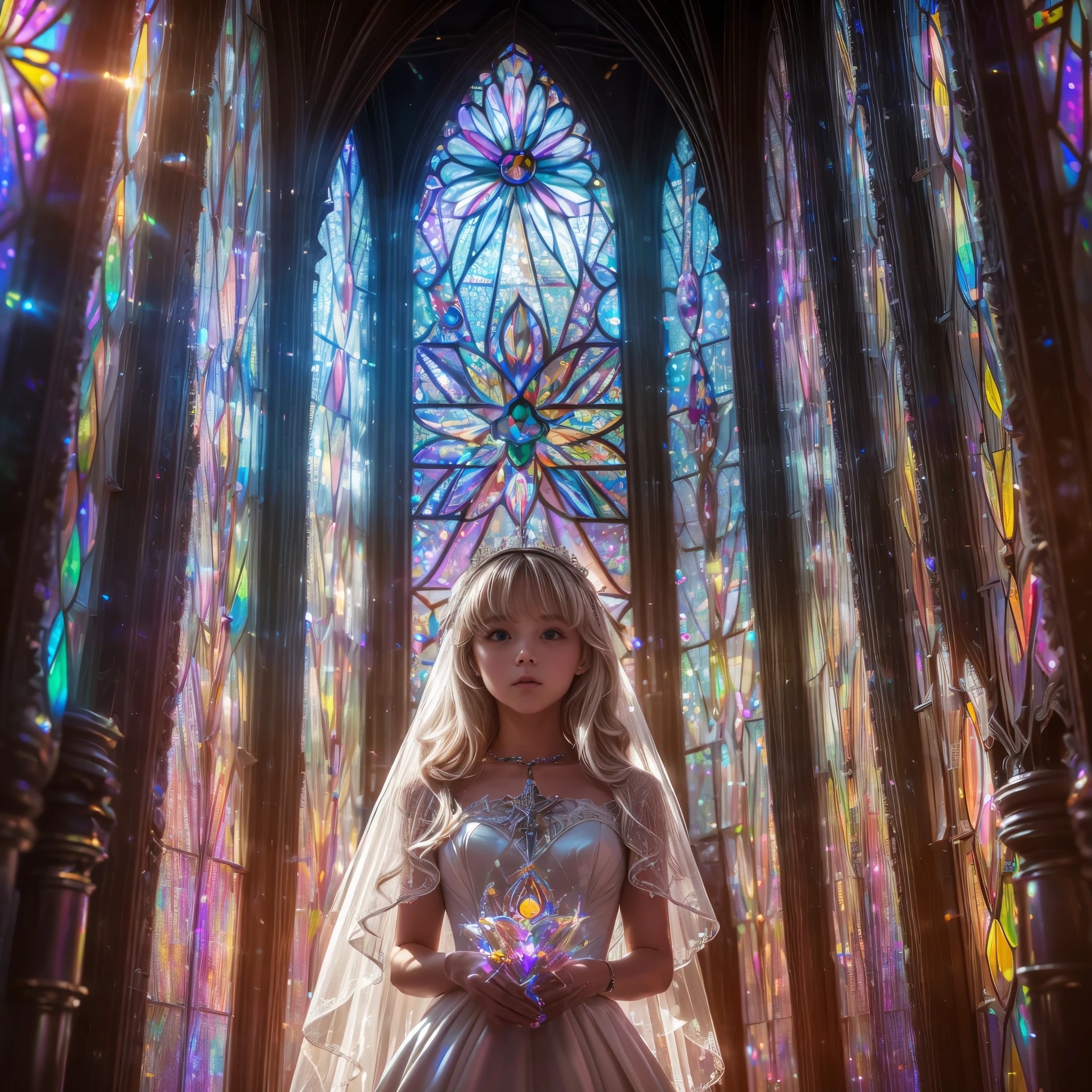 (Cathedral from below:1.28) (ZoomLayer) TopQuality 8K masterpiece of ((Professional photo)), (((Clarisse de Cagliostro))) (Detailed White WeddingDresses), Chain, (((Extremely detailed KAWAII face))) {((VeiledFace))|BlondeHair|(Elaborate BuleEyes)with(SparklingHighlights:1.28)}, The background is distant (((Elaborate stained glass))) Rainbow Glass, {(MysticSight)|EnchantingAtmosphere|Haze|(GodRays)|TyndallEffect}, Radiant PearlSkin with Transparency, (Exposed:0.39)