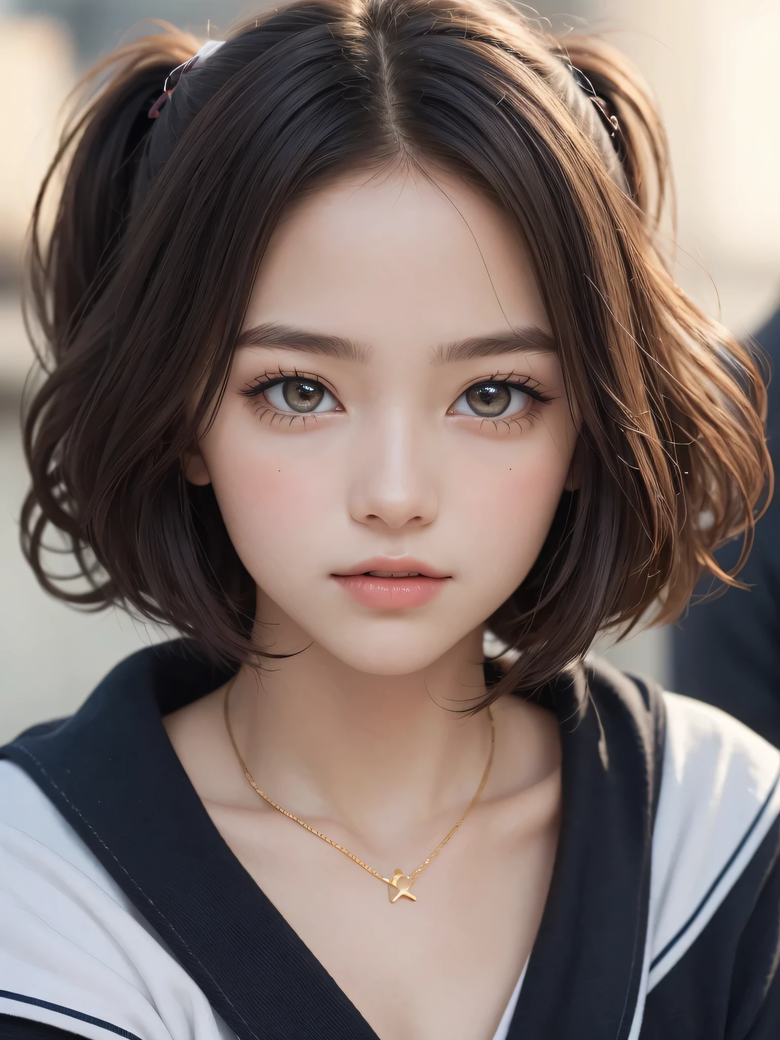 One Girl,(1人のとてもcute女の子,Golden Ratio:1.3),masterpiece,Highest quality,High resolution,From below,Low - Angle,Photorealistic,RAW Photos,Ray Tracing,beautiful girl,(15 years old:1.3),cute,Big eyes,(detailed pupils:1.2),(The face is facing forward:1.3),Cute nose,Beautiful nose,Upturned nose,Fuller lips,Short brown hair,ponytail,short hair,Detailed eyelashes,Thin eyebrows,Very fine grain definition,(Symmetrical eyes:1.3),(Face close-up,Face Focus:1.0),Small breasts,Short neck,Sailor suit,blazer,People emerge,Dark Background,Portrait,View Viewer,Lift your chin,A dreamy look,Ecstatic expression,Upper Body,Cinema Lighting,Soft Light,Very detailed
