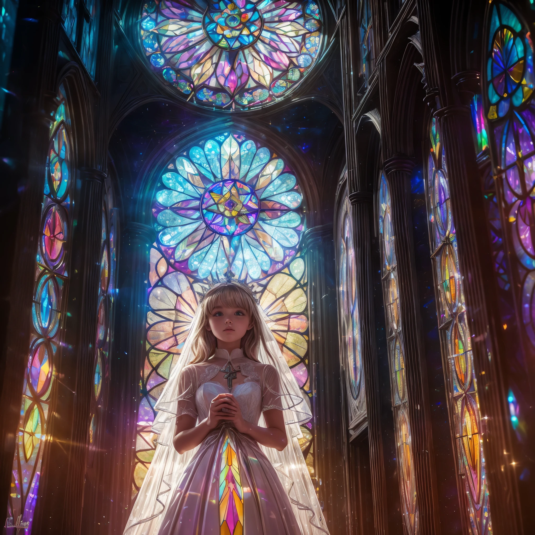 (Cathedral from below:1.28) (ZoomLayer) TopQuality 8K masterpiece of ((Professional photo)), (((Clarisse de Cagliostro))) (Detailed White WeddingDresses), Chain, (((Extremely detailed KAWAII face))) {((VeiledFace))|BlondeHair|(Elaborate BuleEyes)with(SparklingHighlights:1.28)}, The background is distant (((Elaborate stained glass))) Rainbow Glass, {(MysticSight)|EnchantingAtmosphere|Haze|(GodRays)|TyndallEffect}, Radiant PearlSkin with Transparency, (Exposed:0.39)
