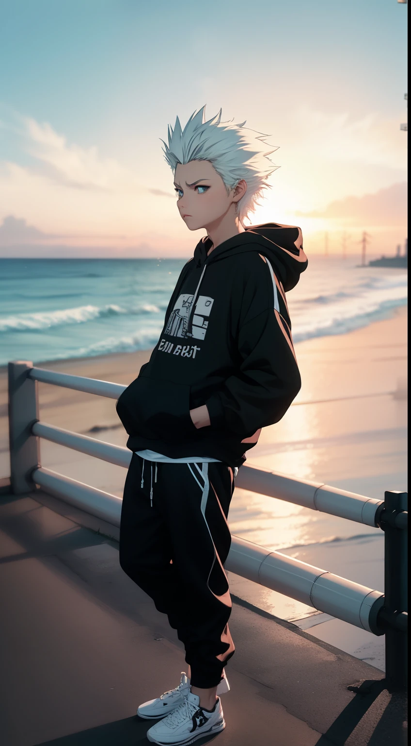 masterpiece, best quality, high quality, 1boy, solo, male focus, looking at ocean, full  body, hitsugaya_toushirou, wearing Streetwear Hoodie, dinamic lighting, morning background ,his hand in his pocket , thinking some thing ,little sad 