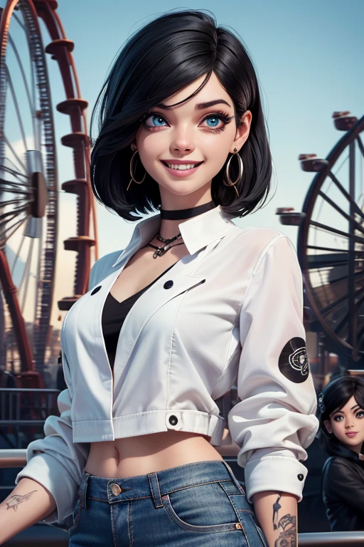 absurdrez, ultra details, high qualiy, Artwork, gorgeous eyes(detailedeyes), white blouse, Black jacke, jeans, short black hair, fully body, facial expression laughing, super lashes, fully body, standing, tatoo, scar on the face, amusement park background, on the roller coaster, hoop earings, eyes locked