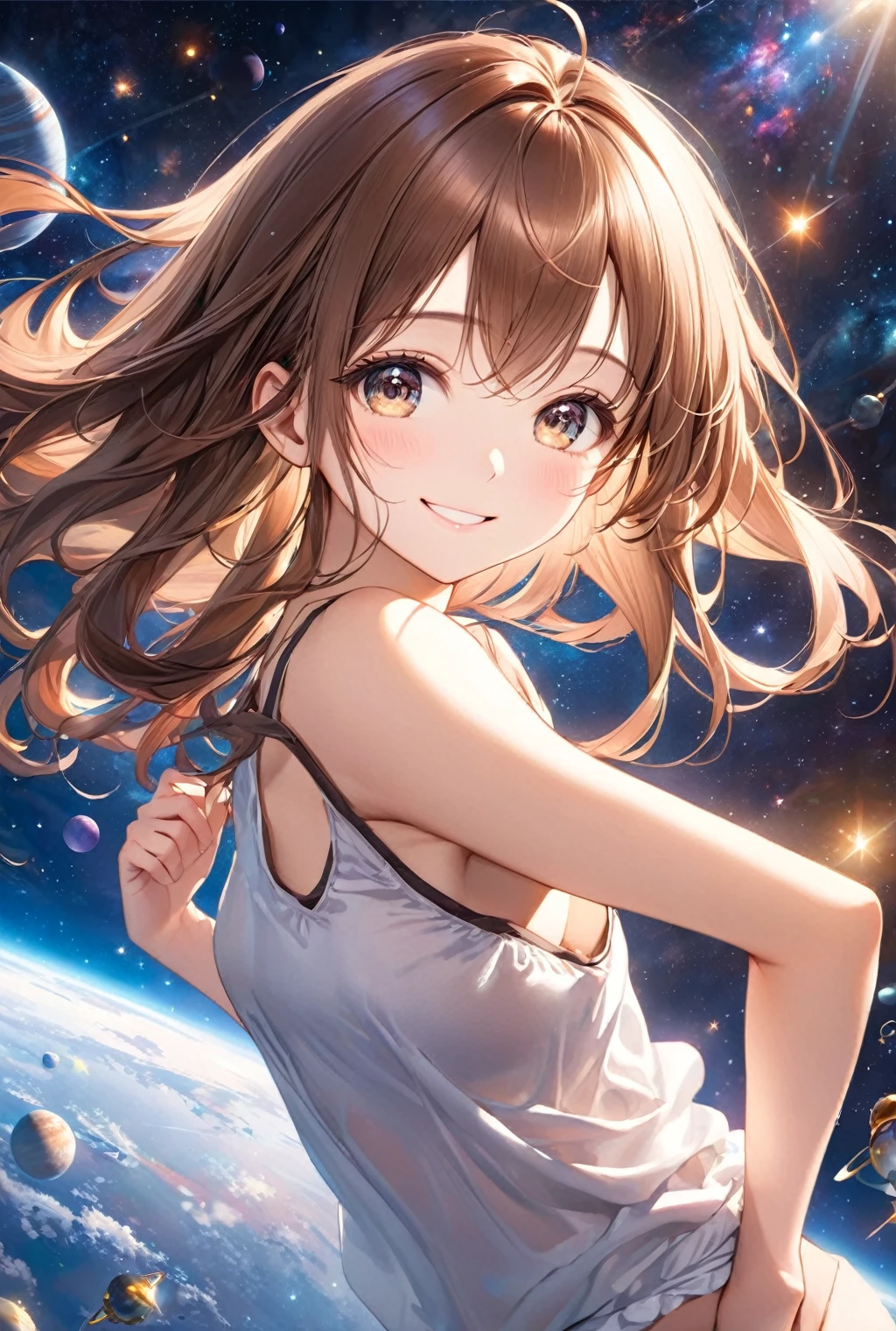 (Highest quality, 8k, 32K, masterpiece, Ultra-high resolution,:1.2),born, One girl,Super cute , Space-like fantasy background, Clear, shining eyes, Age 25 ,Fair skin, Brown Haired Girl, Tank top, Long Hair, An innocent smile, Sexy pose