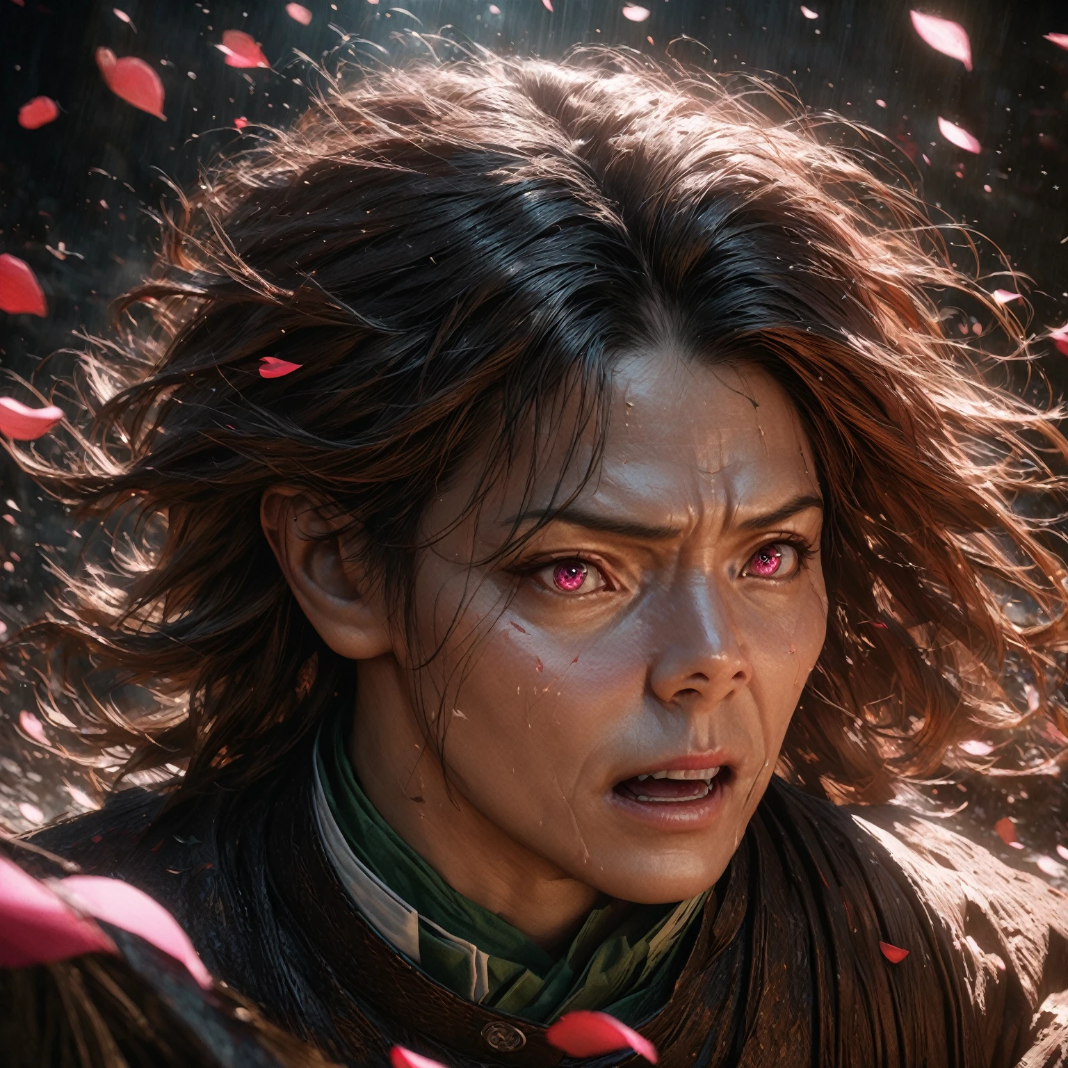 A highly detailed anime style illustration of Tanjiro Kamado from Demon Slayer, wearing his signature green and black outfit, with his katana drawn and intense expression, surrounded by cherry blossom petals, cinematic lighting, dramatic atmosphere, vibrant colors, intricate textures, (best quality,8k,highres,masterpiece:1.2),ultra-detailed,(realistic,photorealistic,photo-realistic:1.37),digital art, studio lighting, extremely detailed facial features, highly detailed eyes, sharp focus, vivid colors, dynamic composition