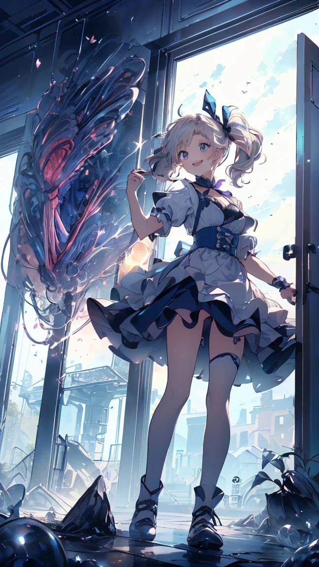 (masterpiece, high quality, god秘的な, Long legs:1.2, Ideal body proportions), (Ultra-high resolution, 8K RAW Photos, Photorealistic, Natural light, Fabric Shading), Long Shot Photography:1.6, (One beautiful anime girl:1.3, 16 years old, alone:1.6, Mature Woman:1.5, Browsing Caution:1.2, whole body:1.3), Glowing Skin, break, ((Alice in Wonderland:1.3, cute, cute, Lovely, interesting, Girl Falling From the Sky:1.7, Girl flying in the sky:1.5, Girl in the air:1.3, Skirt flipped up by the wind:1.5, (A big smile:1.3), surprised, Put your hands on your crotch from above your skirt:1.35)), break, ((The floats are as follows:, Trump, trump card, Tea cup, you can, teaspoon, Pocket watch:1.3, Lipstick, Candy:1.2, クッKey, Jam jar, Classic Door_Key)), ((purple_Blue clothes :1.5, Wearing a long flared skirt:1.3, The skirt is fluttering:1.3, White apron, White stockings and long platinum blonde hair:1.2, Twin tail hair:1.6, Her hair was tied with a big ribbon), (blue eyes, Bright eyes with highlights, Detailed eyes), (Lie on your back:1.6, Stand up straight and spread your legs:1.5), ((Dutch Angle:1.5, whole body:1.3, Ass Focus:1.3, From below:1.5, Poor posture)), Amazing colorful art, (Fantasy art:1.5, Mysterious images), ((Correct ???????:1.5, Perfect ???????:1.3, The right move, Small feet:1.2)), Glamorous Body,Realistic Flesh,Cleavage,Stylish hairstyle,god々Shining light,