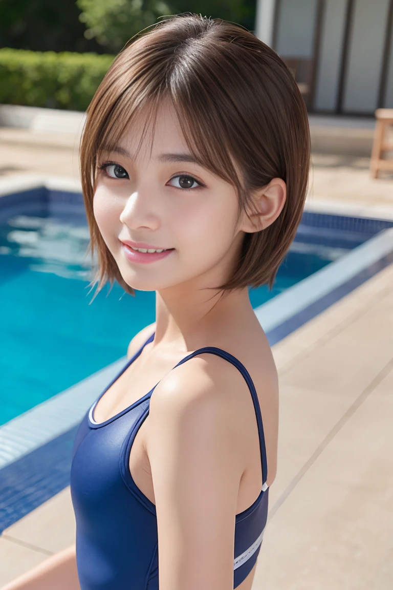 Cute 21 year old Japanese、屋内スイミングPool、Super detailed face、Attention to detail、double eyelid、Beautiful thin nose、Sharp focus:1.2、Beautiful woman:1.4、(Light brown hair,Short-haired、),White skin、Highest quality、masterpiece、Ultra-high resolution、(Photorealistic:1.4)、Highly detailed and professionally lit smile、School Swimsuit、紺のSchool Swimsuit、Pool、