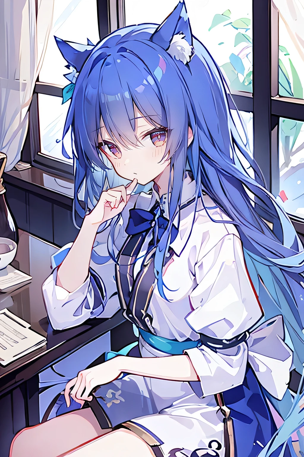 (Masterpiece:1.2),Ultra-detailed,lifelike,The eyes are expressive,Fair skin,Perfect face shape,1 girl,
Japanese Manga,Gorgeous blue hair,Flowing blue hair,Flowing clothes,Cat ears,Petals falling,Beautiful Lola,little angel,
Cross your legs,Gentle and peaceful background,Smile,Wearing a sweatshirt,Tokyo background,background,heavy snow,冬天 on window sill drinking coffee and looking out the window
