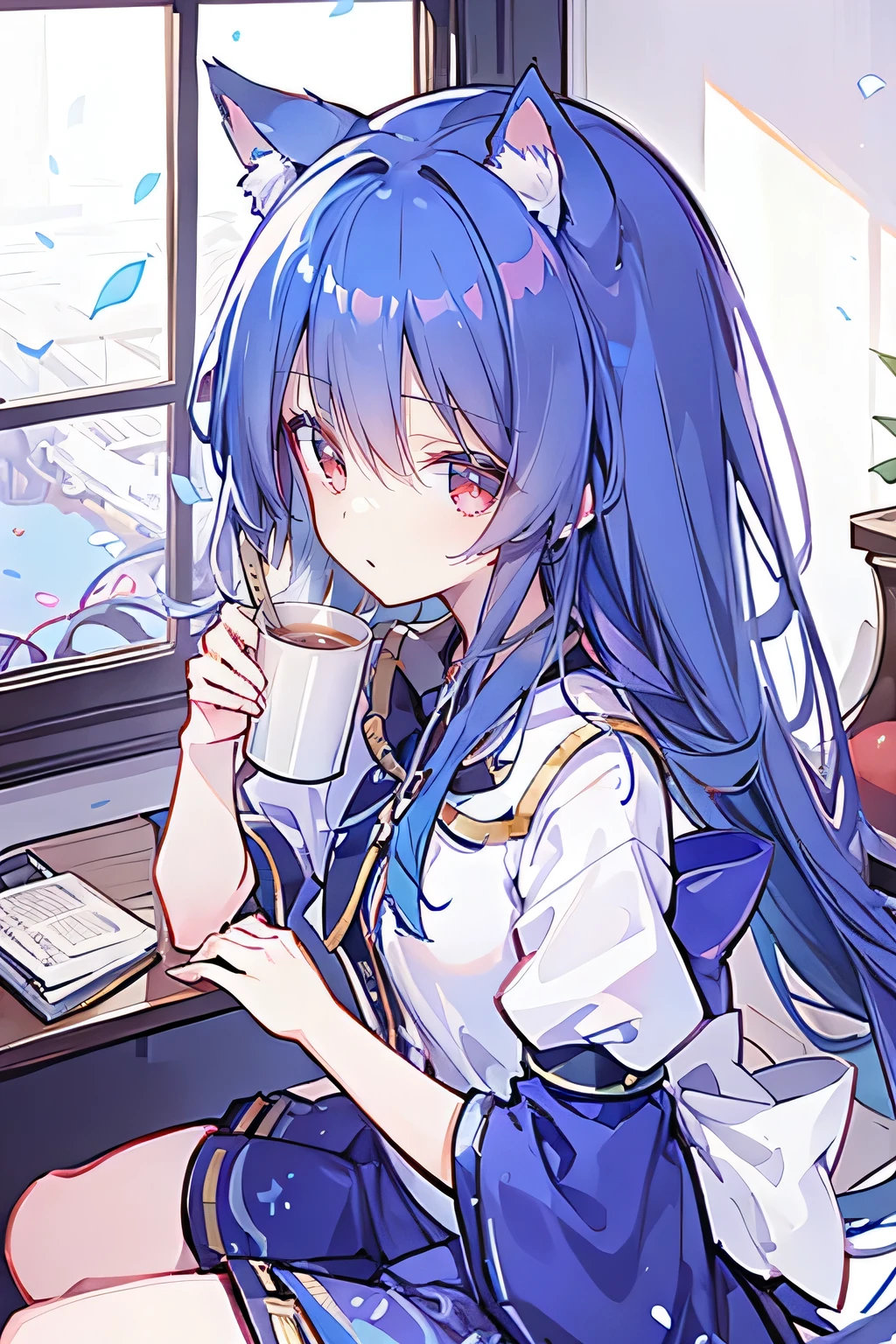 (Masterpiece:1.2)，Ultra-detailed，lifelike，The eyes are expressive，Fair skin，Perfect face shape，1 girl，
Japanese Manga，Gorgeous blue hair，Flowing blue hair，Flowing clothes，Cat ears，Petals falling，Beautiful Lola，little angel，
Cross your legs，Gentle and peaceful background，Smile，Wearing a sweatshirt，Tokyo background，background，heavy snow，冬天 on window sill drinking coffee and looking out the window