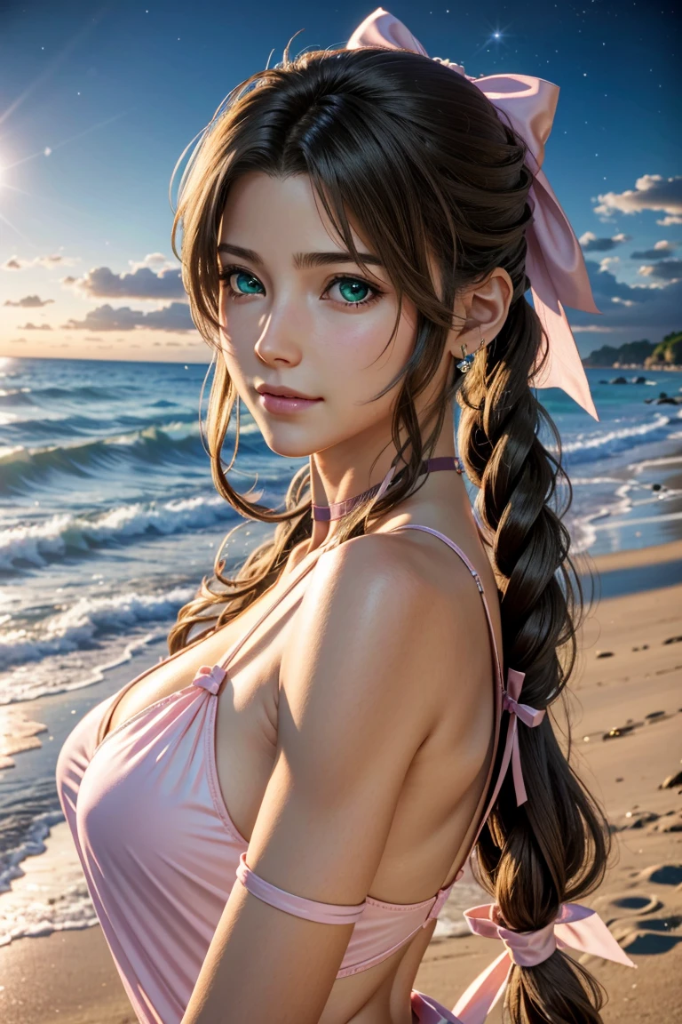 
Aerith,FF7, Long Hair, bangs, Brown Hair, bow, ribbon, jewelry, Green Eyes,  hair ピンクribbon, Braiding, hair bow, Side Lock, choker, necklace, lips, parted bangs, pink bow, Portraiture, Realistic,Super high quality,high quality,masterpiece,Digital SLR,Detailed explanation,Exquisite details,Anatomical basis,Detailed Description,Detailed face,Realistic skin texture,Sharp details,Perfect Anatomy,Perfect Anatomy,Anatomically correct hand,Anatomically correct fingers,Super Detail,Complex 3D rendering,Sexy pose,The beautiful world of Final Fantasy 7,Pink ruffled swimsuit,Wet,Beautiful night sky,A starry sky,Beautiful beaches,Fantastic night beach,shooting star,Fantasy worldview,Picturesque,Pink Lips,smile,Brighten up your expression,