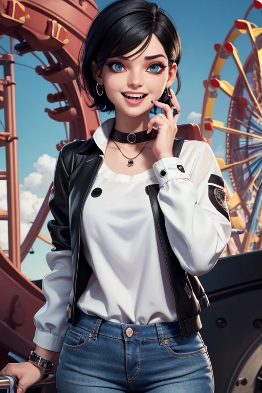 absurdrez, ultra details, high qualiy, Artwork, gorgeous eyes(detailedeyes), white blouse, Black jacke, jeans, short black hair, fully body, facial expression laughing, super lashes, fully body, standing, tatoo, scar on the face, amusement park background, on the roller coaster, hoop earings, eyes locked