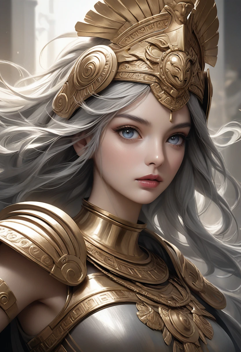 Athena by Giustiniani from ancient greek art, digital art, 2D, highly detailed face, detailed eyes, long eyelashes, beautiful lip detail, highly detailed face and features, decorative armor, flowing hair, dynamic pose, dramatic lighting, muted color palette, digital painting, concept art, (highest quality, 4k, 8k, high resolution, masterpiece: 1.2), highly detailed, (realistic, photo-realistic, photo-realistic: 1.37)