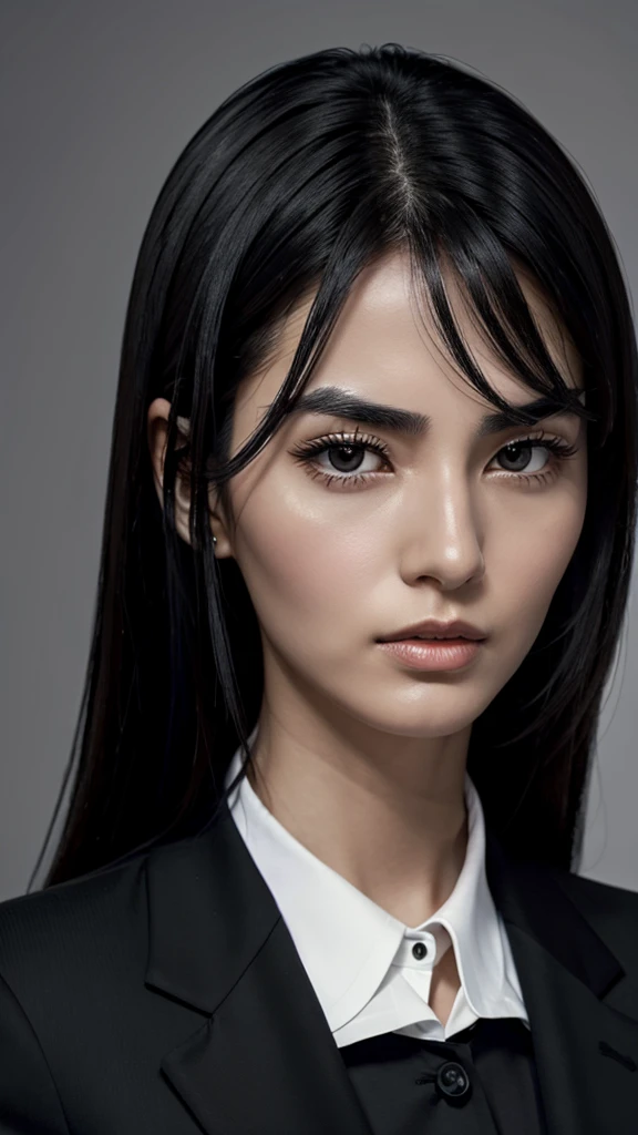 30 years old wide jaw sharp nose thick eyebrows straight long black hair European girl in suit