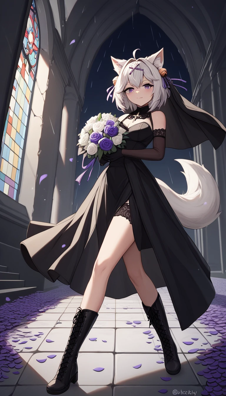 UHD, masterpiece, best quality, moody atmosphere, ((Night)), ((Church ruins)), altar ruins, church isle, 1girl, tall, solo, Filian, fluffy fox tail, tail pointing down, small cat ears, white hair, short hair, ahoge, hairclip, hair bell, big purple eyes, slight blush, seductive smile, a-line black gown, long black veil, black bridal veil, black lace arm sleeves, black gloves, black lace stockings, black knee length boots, full body pose, cross legs, legs crossing, seductive pose, holding bridal bouquet with purple ribbon, raining black and purple petals, ((falling petals))